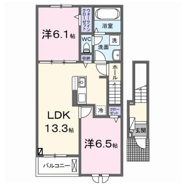 レッド ウィングA・B(2LDK/2階)の間取り写真