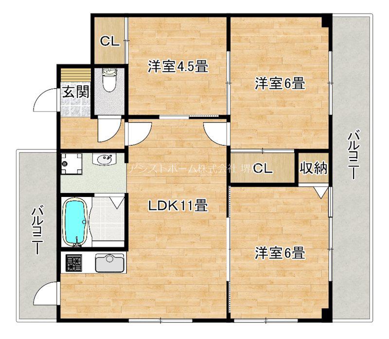 百舌鳥スクエアハイツ(3LDK/3階)の間取り写真