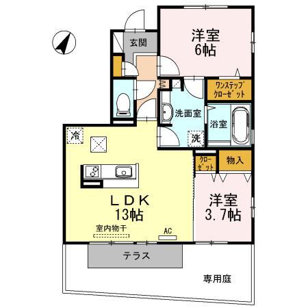 ヴィルヌーブ伍番街D棟(2LDK/1階)の間取り写真