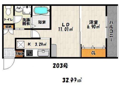 ドォウミ博多I(1LDK/1階)の間取り写真