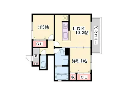 カーサ・デルソーレKHK(2LDK/1階)の間取り写真
