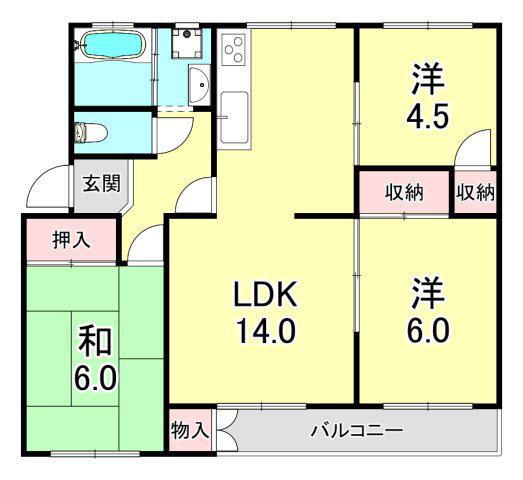 白川台ハイツ1号棟(3LDK/4階)の間取り写真