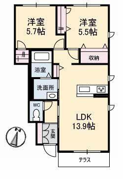ベルブランシュ笹沖 A棟(2LDK/1階)の間取り写真