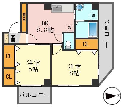 ロイヤルハイツドモン(2DK/5階)の間取り写真