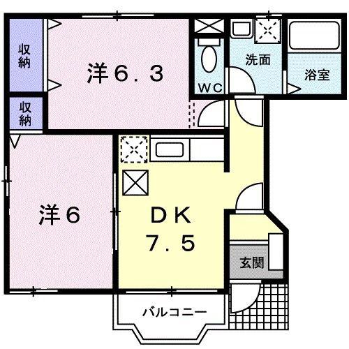 ソレアードB(2DK/1階)の間取り写真