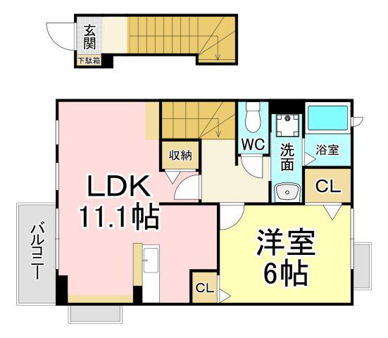 プロムナード上上津役A(1LDK/2階)の間取り写真
