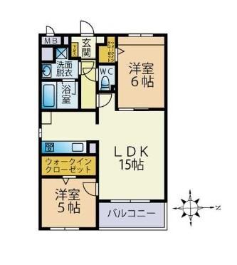 ソルファ姪浜駅南(2LDK/2階)の間取り写真