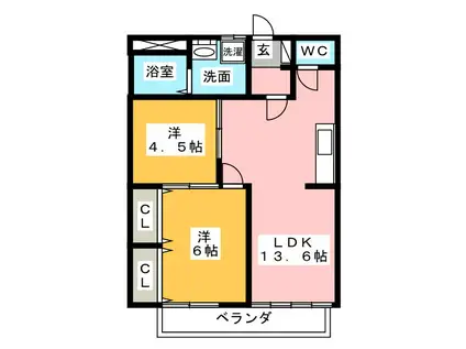 シティハイツ萩B(2LDK/2階)の間取り写真