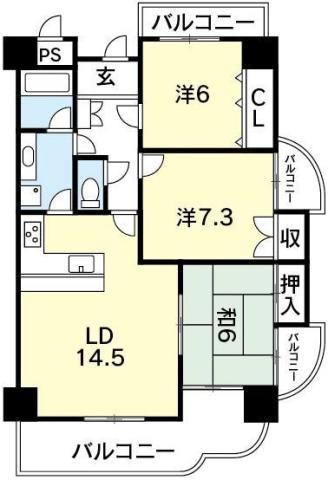 メロディーハイム徳島(3LDK/2階)の間取り写真