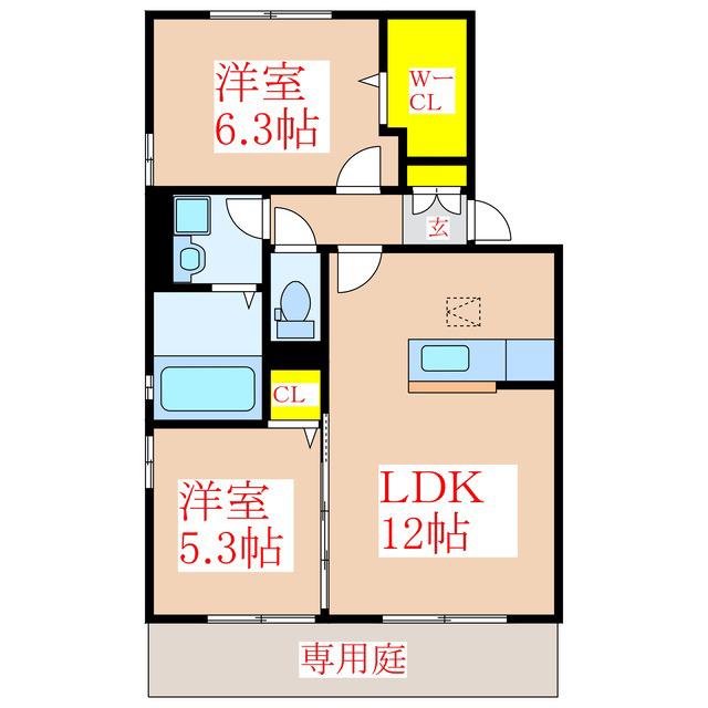 カルフール玉利(2LDK/1階)の間取り写真