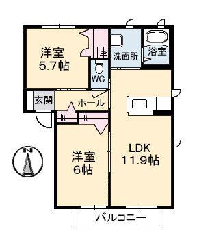 アットホーム原II A棟(2LDK/1階)の間取り写真