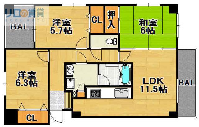 グリーンウェル宝塚B棟(3LDK/5階)の間取り写真