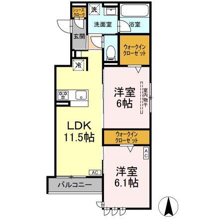 セレスティア田神 ウエスト(2LDK/3階)の間取り写真