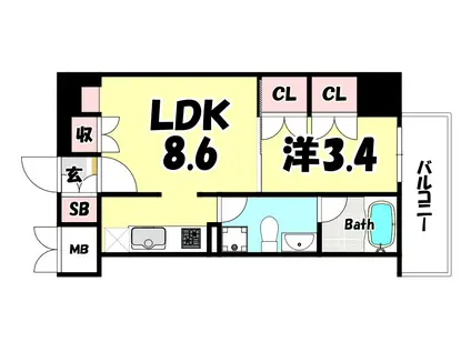 神戸高速鉄道東西線 花隈駅 徒歩3分 7階建 築12年(1LDK/7階)の間取り写真