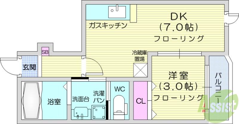 フローラルコートB棟(1DK/1階)の間取り写真