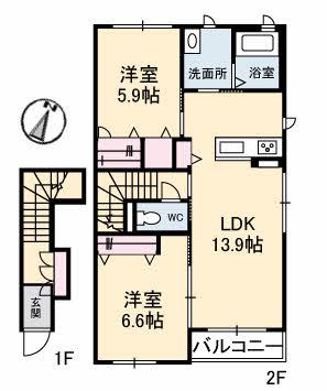 シャーメゾンタウン倉敷運動公園前 A(2LDK/2階)の間取り写真