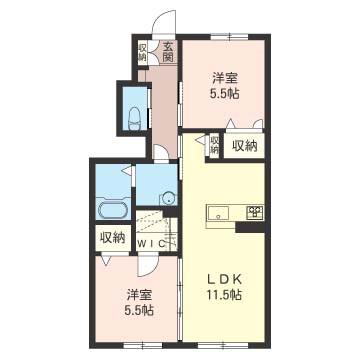 ロゼリア若宮 B(2LDK/1階)の間取り写真