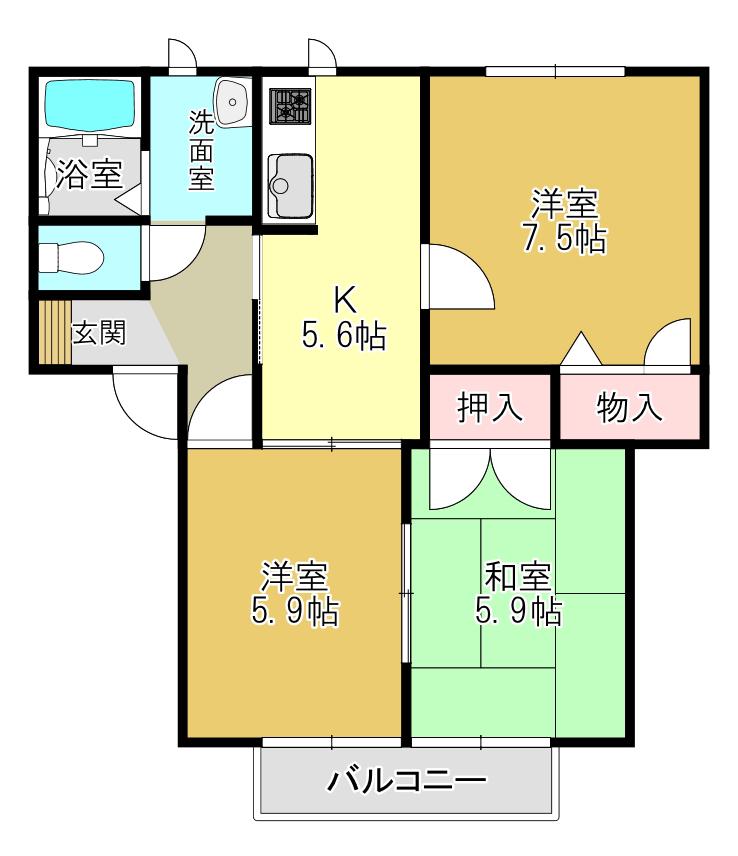 葛城GARDENS C棟(3K/2階)の間取り写真
