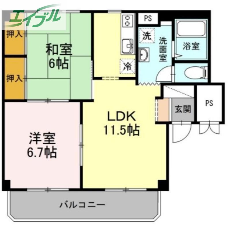 グランデュール高柳 B棟(2LDK/2階)の間取り写真