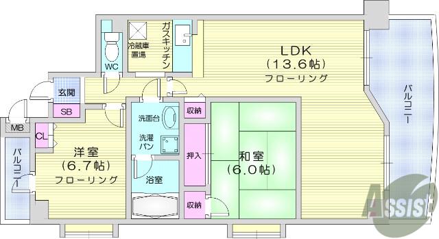 グランウィング(2LDK/4階)の間取り写真