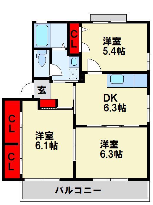 サンスカイエール C棟(3DK/1階)の間取り写真