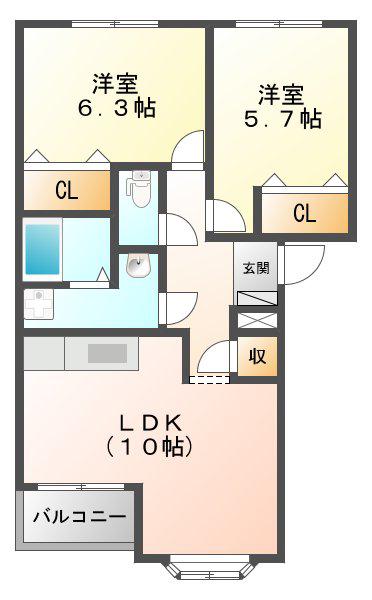 グランバード II(2LDK/1階)の間取り写真