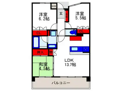 ネバーランド豊中ラディアンス(3LDK/7階)の間取り写真