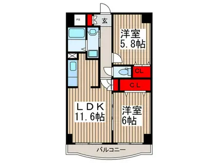 リレント谷塚(2LDK/9階)の間取り写真