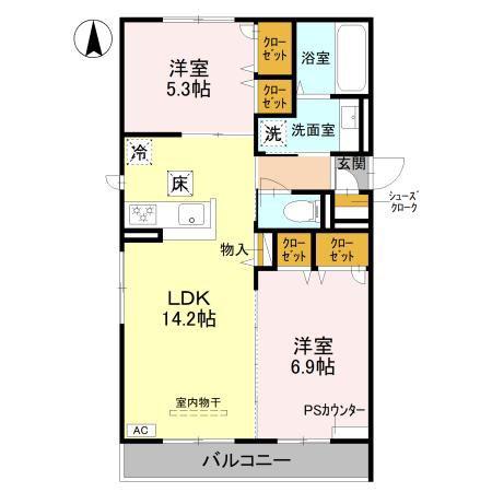 ルコアン堀川今宮(2LDK/1階)の間取り写真
