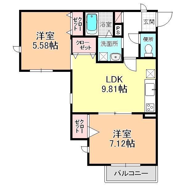 クラヴィエ稲丘(2LDK/2階)の間取り写真