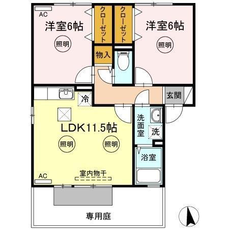 ブルーフォーレD棟(2LDK/1階)の間取り写真
