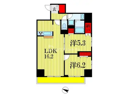 京成千葉線 千葉中央駅 徒歩3分 14階建 築6年(2LDK/7階)の間取り写真
