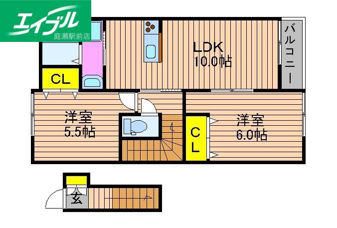 ウッディバード庭瀬(2LDK/2階)の間取り写真