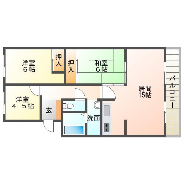 第2日の出ハイツ(3LDK/4階)の間取り写真