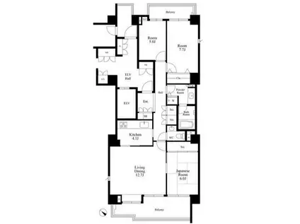 鵜の木 南西向き 3方 眺望良好(3LDK/12階)の間取り写真
