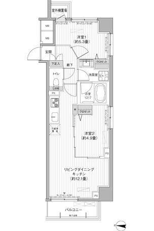 関寅ビル第10(2LDK/2階)の間取り写真