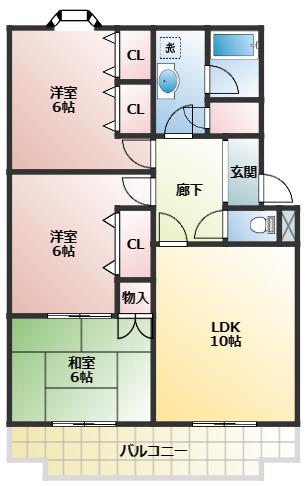 サンハイツ如意申(3LDK/3階)の間取り写真