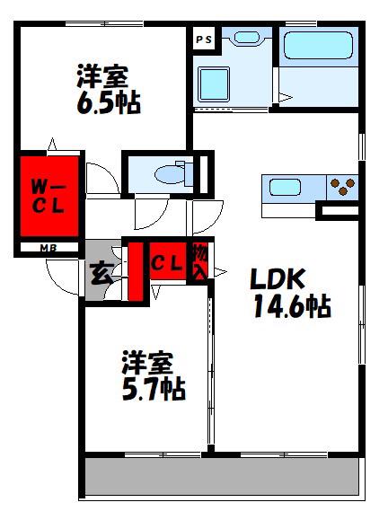D-ROOMS・KB棟(2LDK/2階)の間取り写真