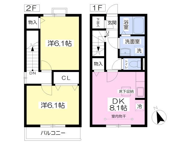 ユニティー若葉町 B棟(2DK/1階)の間取り写真