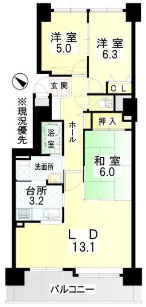 クリーンリバー菊水上町(3LDK/3階)の間取り写真