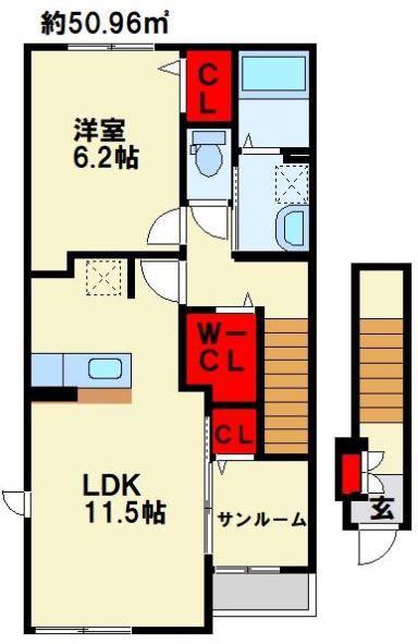 シャイニ-ドリーム B(1LDK/2階)の間取り写真