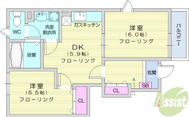 SUNRISE HILL(2DK/1階)の間取り写真