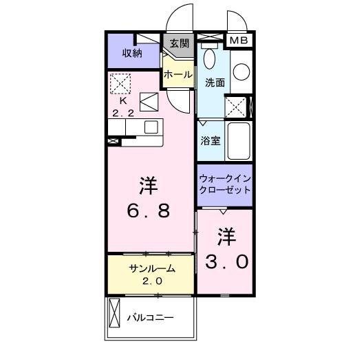 ウエストヒルパーシモン(1DK/1階)の間取り写真