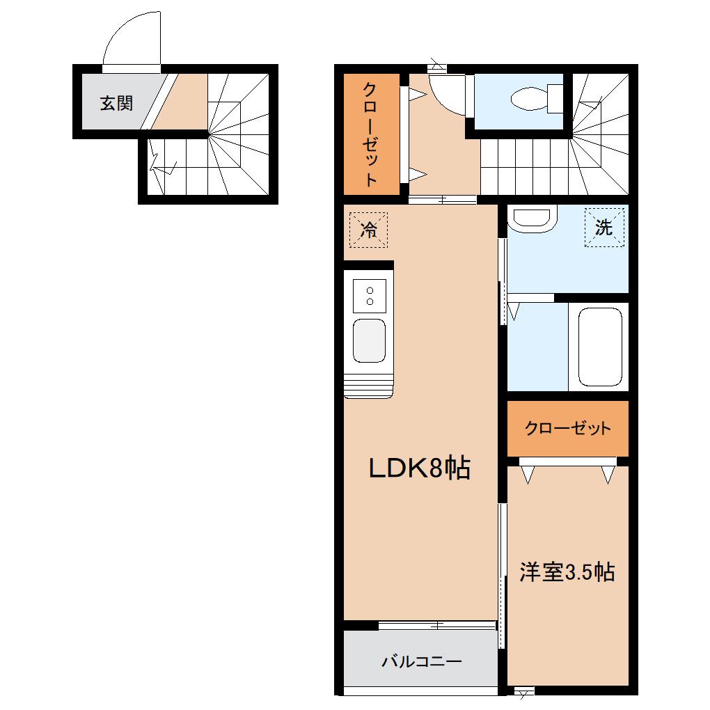 グランビュー緑ヶ丘(1LDK/2階)の間取り写真