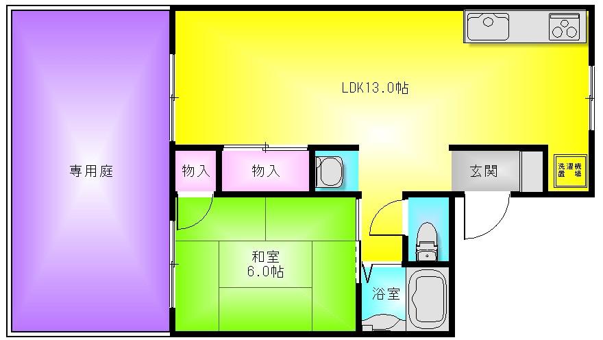 大和川ハイツI(1LDK/1階)の間取り写真
