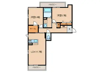 レシエルW棟(2LDK/1階)の間取り写真