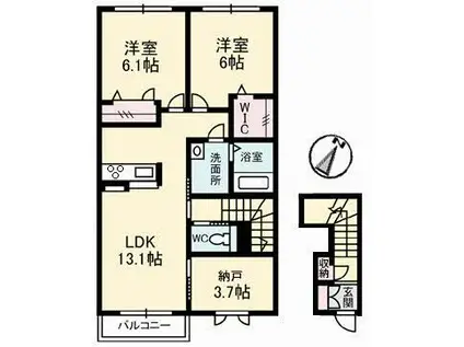 カーサ・ヴィアソーレ A棟(2SLDK/2階)の間取り写真