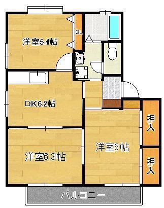 サンスカイエールA・B・C(3DK/2階)の間取り写真