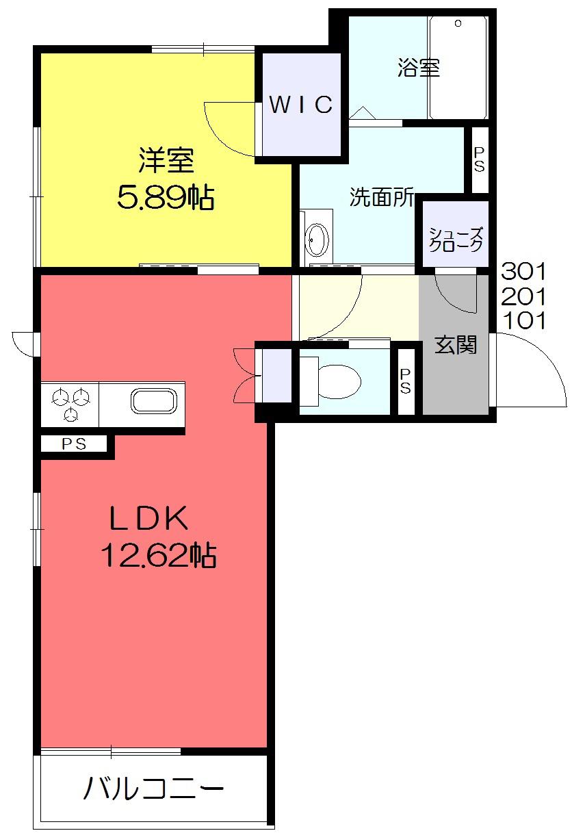 カーボグランデIIIB棟(1LDK/2階)の間取り写真