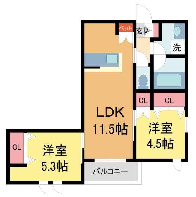 ブルーメ夙川(2LDK/2階)の間取り写真